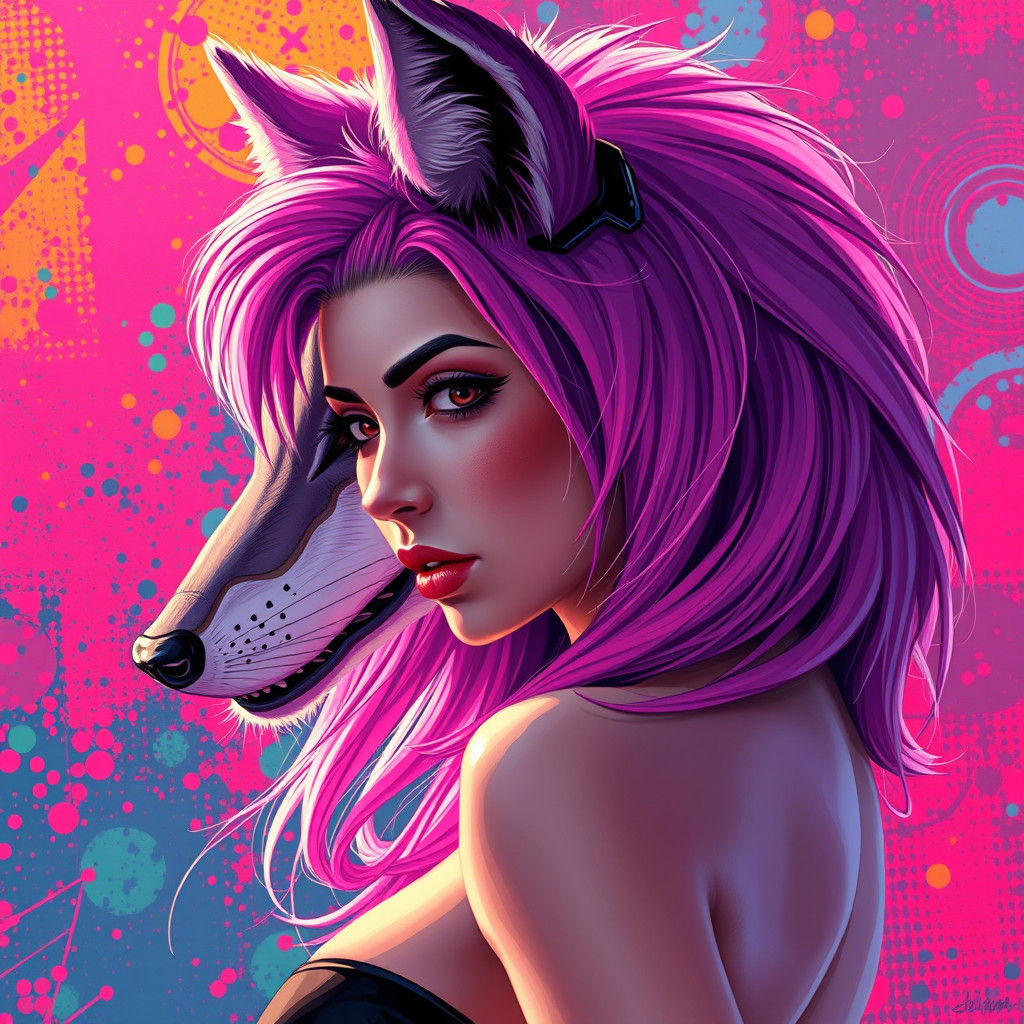 Pink Wolf-Woman Hybrid in Futuristic Cartoon Style