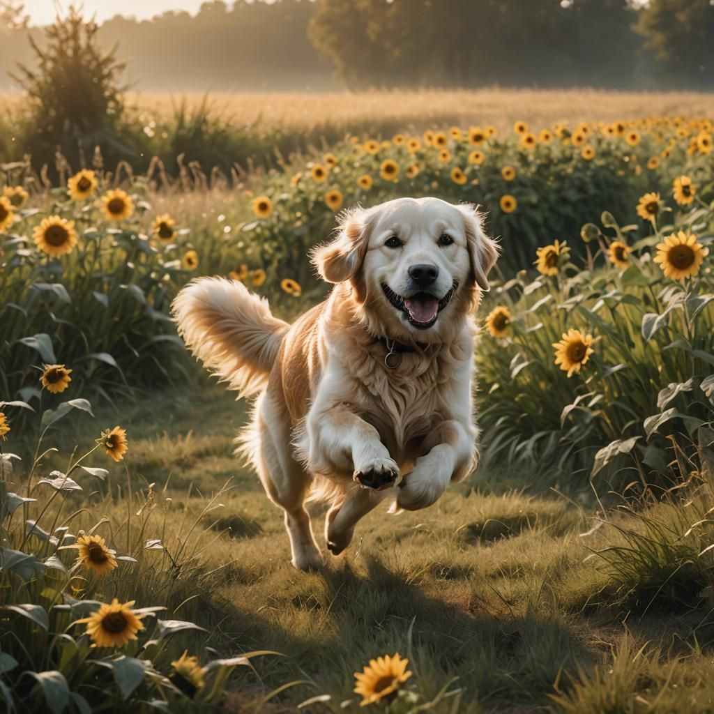 Golden Retriever Runs in Sunlit Field: Digital Painting