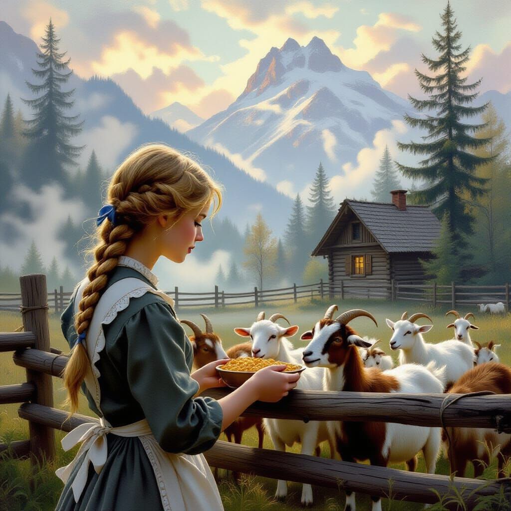 Maid Feeds Goats in Misty 19th Century Mountain Scene