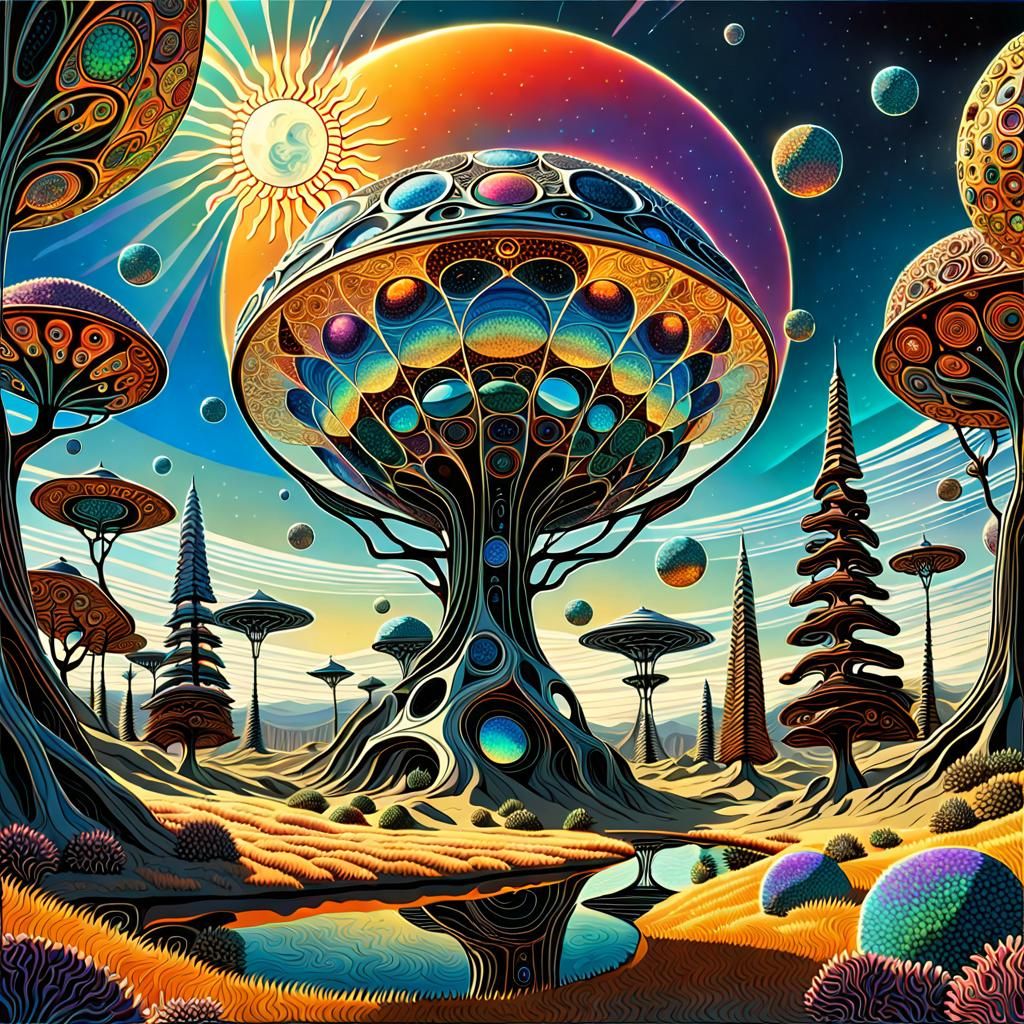 Psychedelic Art Nouveau Alien Landscape with Buckyball Trees