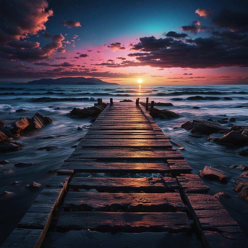 Dramatic Sunset Over Rocky Shoreline in HDR