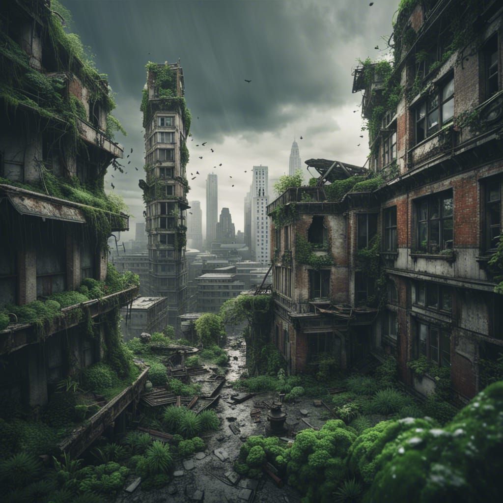 Post-Apocalyptic Cityscape with Overgrown Ruins