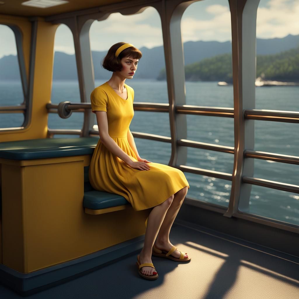 Girl on Ferry in Edward Hopper Style