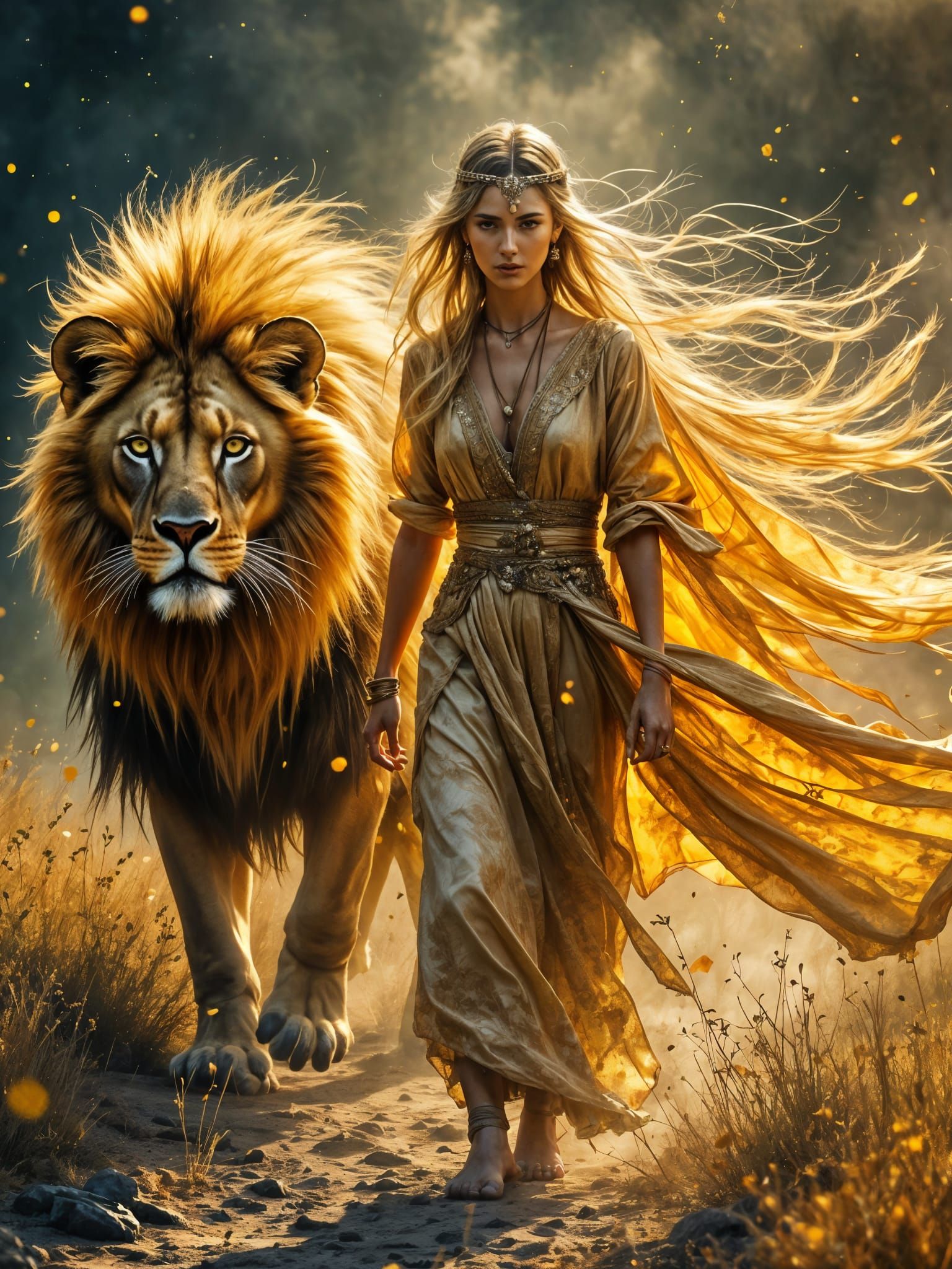 Boho Woman and Golden Lion in Mystical Middle Eastern Settin...