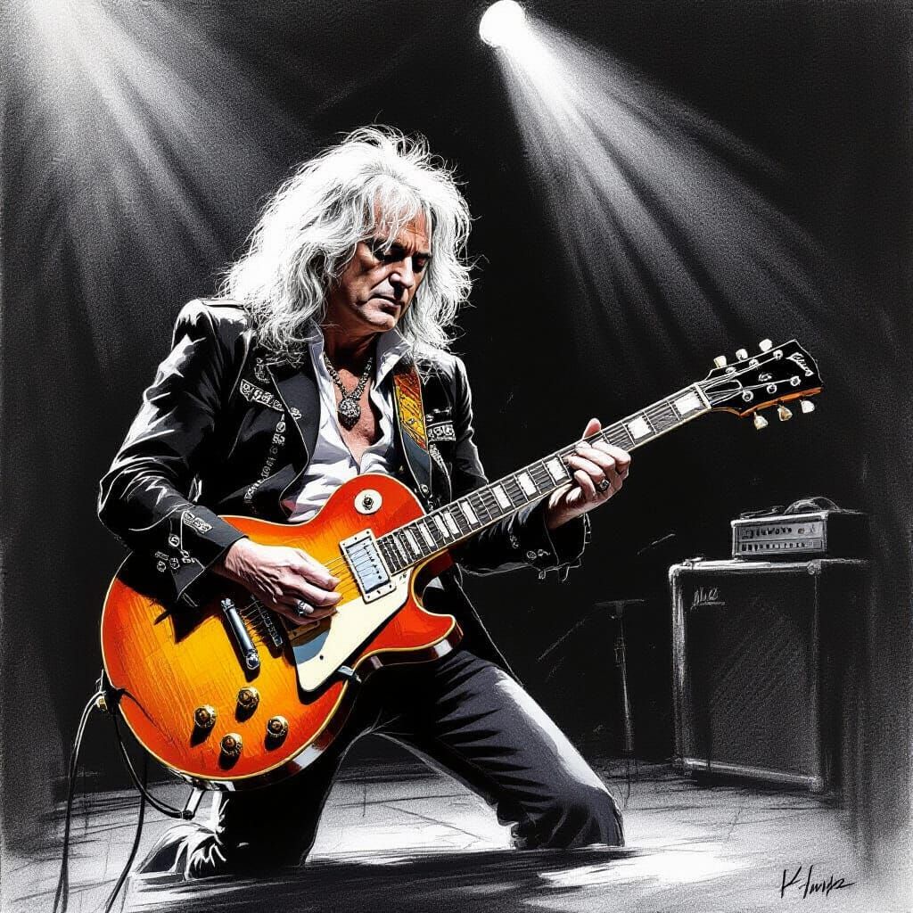 Jimmy Page Playing Double-Neck Guitar in Dramatic Pencil Ske...