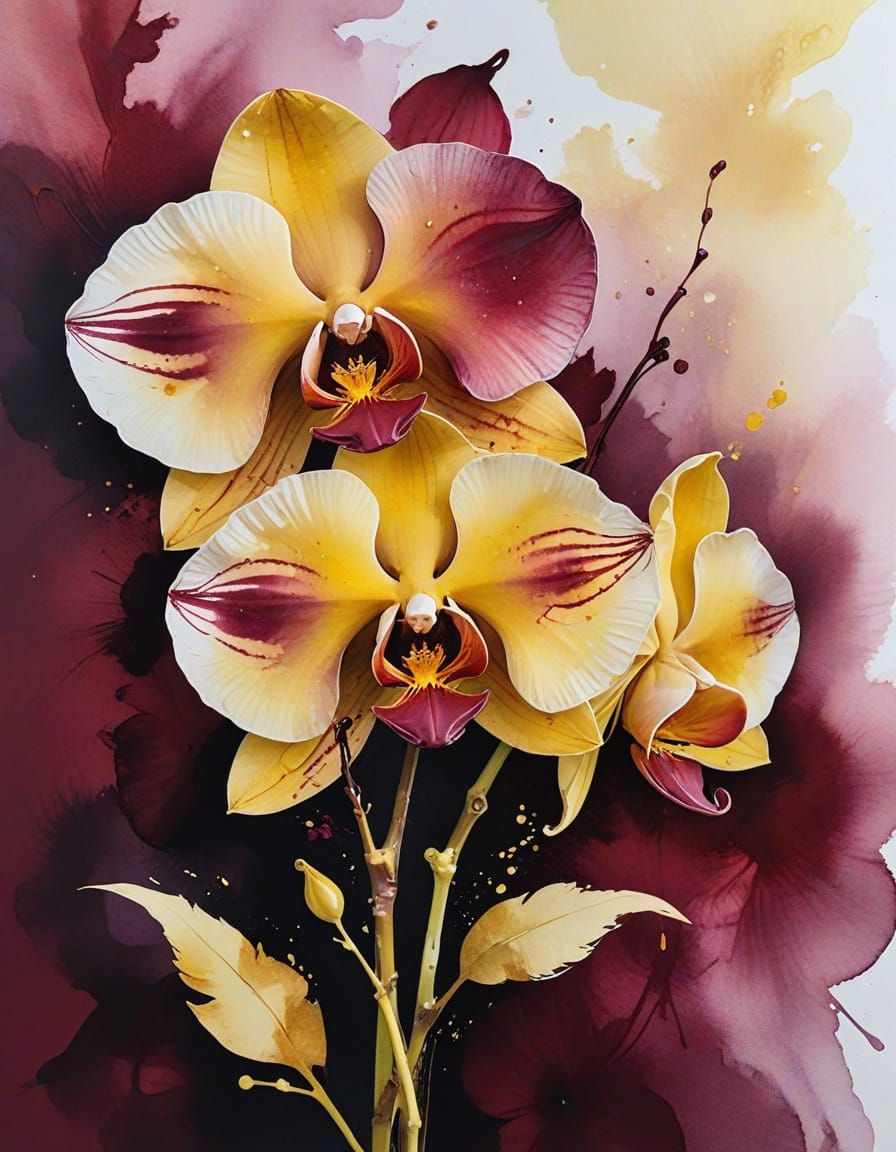 Alcohol Ink Orchids in Burgundy and Yellow with Subtle Glow