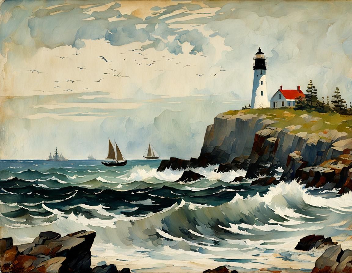 Coastal Lighthouse Painting in Early 20th Century Style