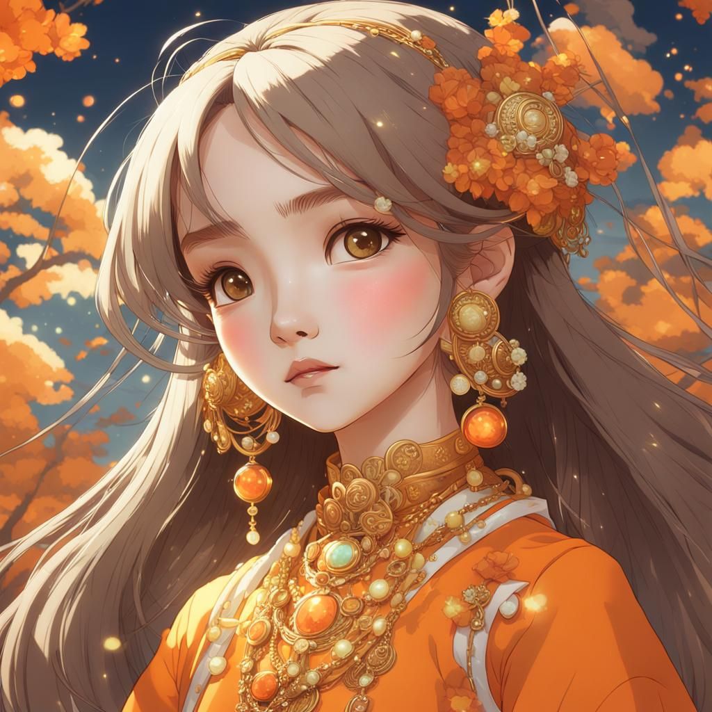 Cartoon Girl in Orange Costume, Comic Art Style