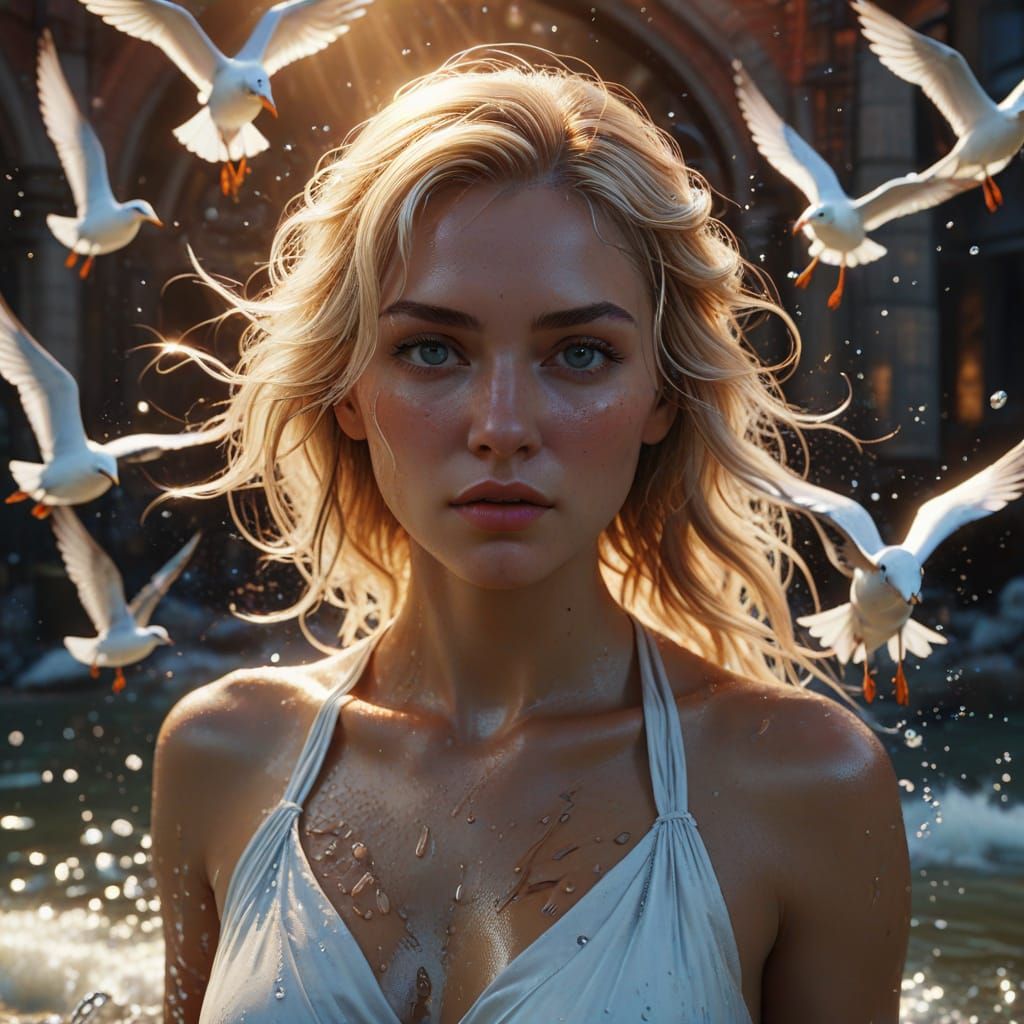 Subject as a Blonde Girl in a Flowing White Dress, Seagulls,...