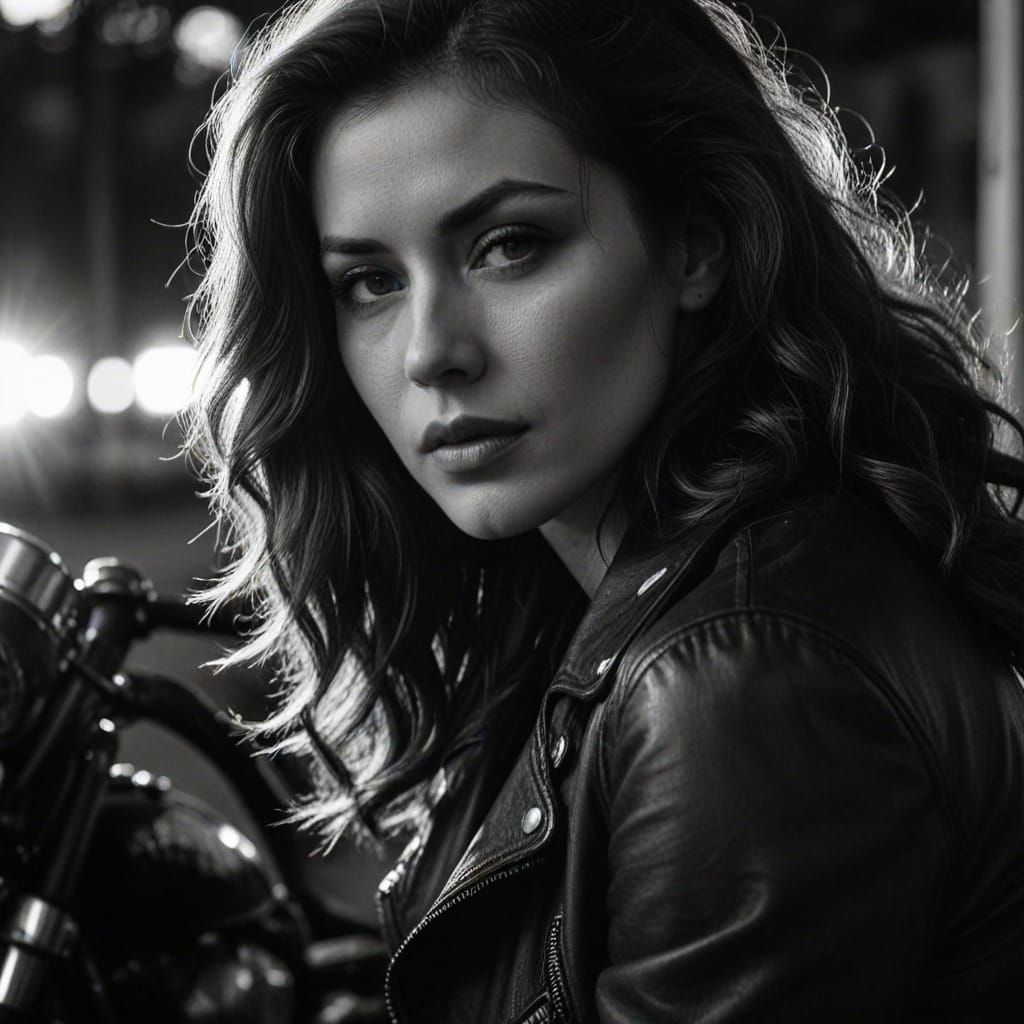 Film Noir Woman Leans on Vintage Motorcycle in Dramatic Ligh...