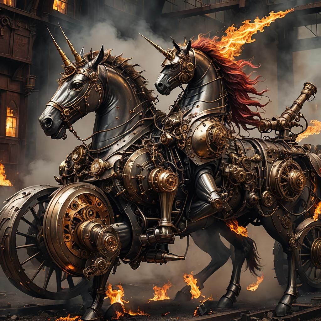 Fiery Unicorn Battle Near Steampunk Engine