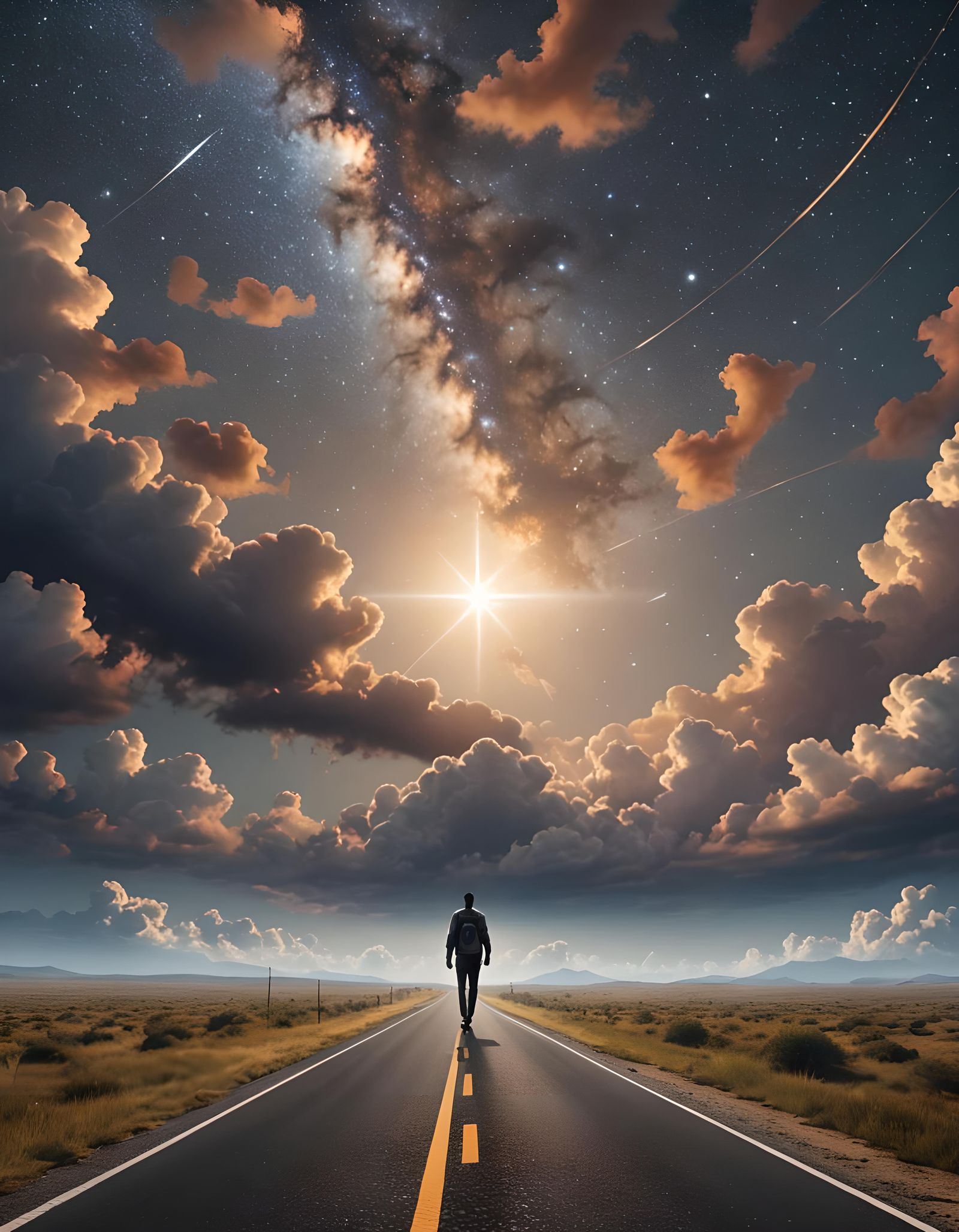 Man Walks Road to Infinity Under Guiding Star