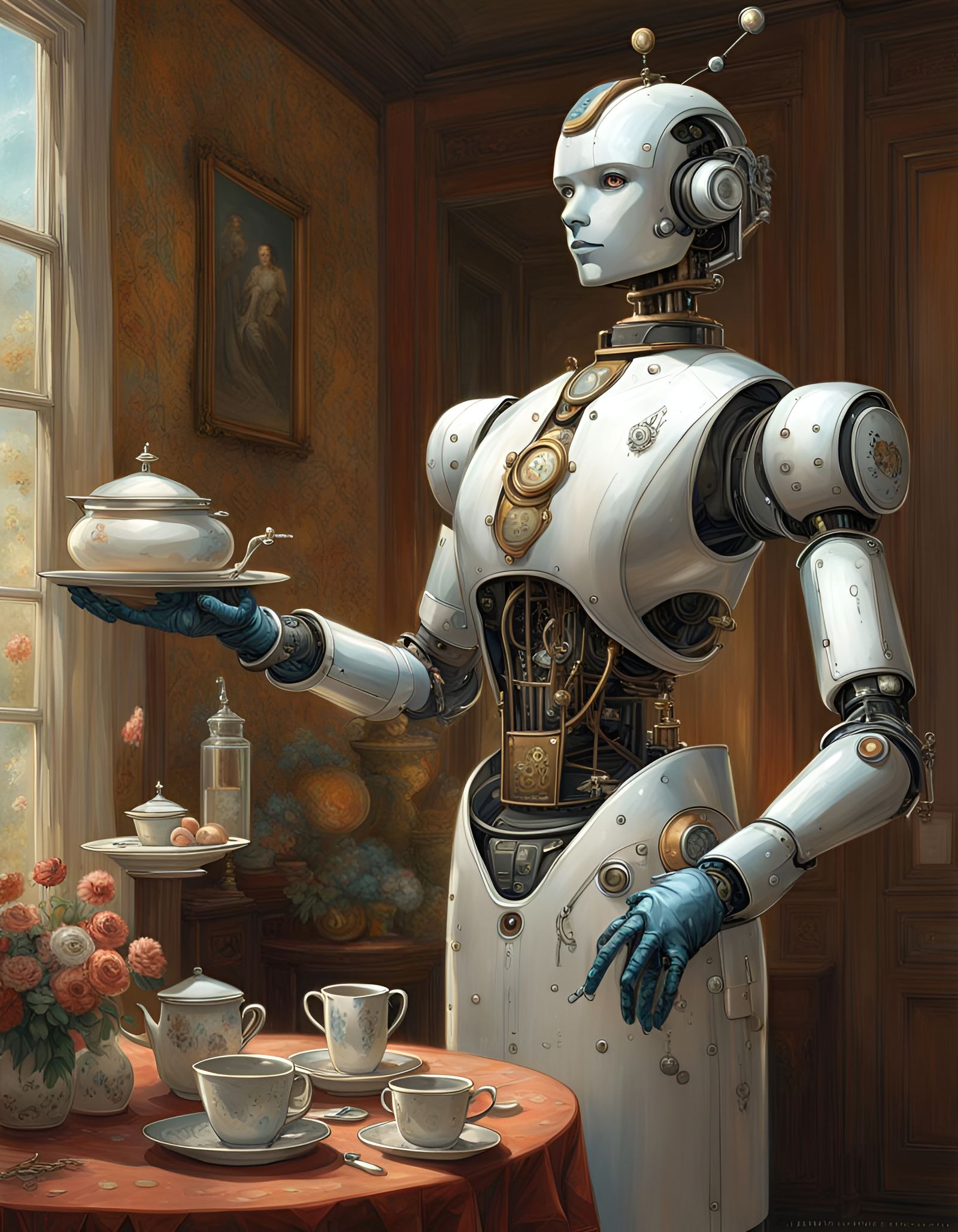 Elegant Robot Butler in Hyperrealistic Digital Art