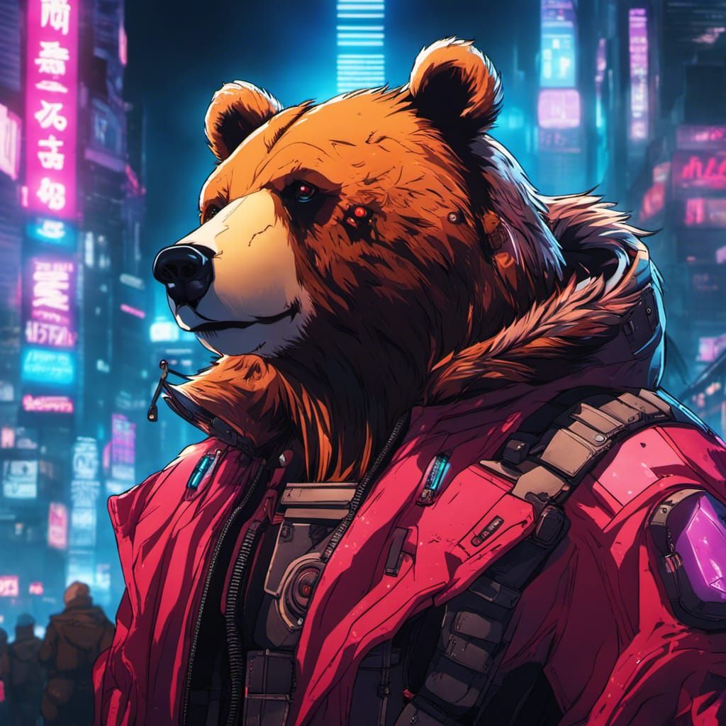 Cyberpunk Bear of the Future in Anime Style
