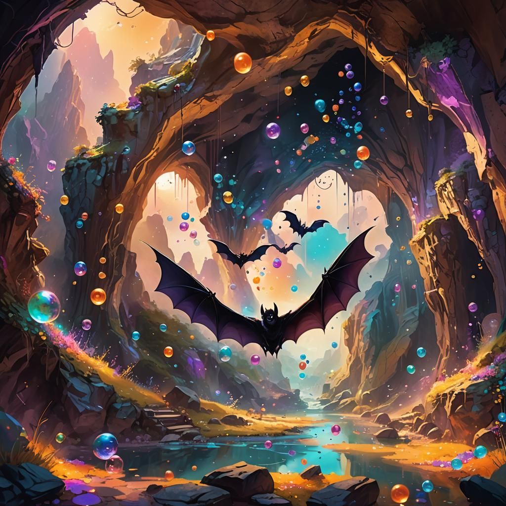 Mystical Cave: Bats and Iridescent Bubbles in Oil Painting