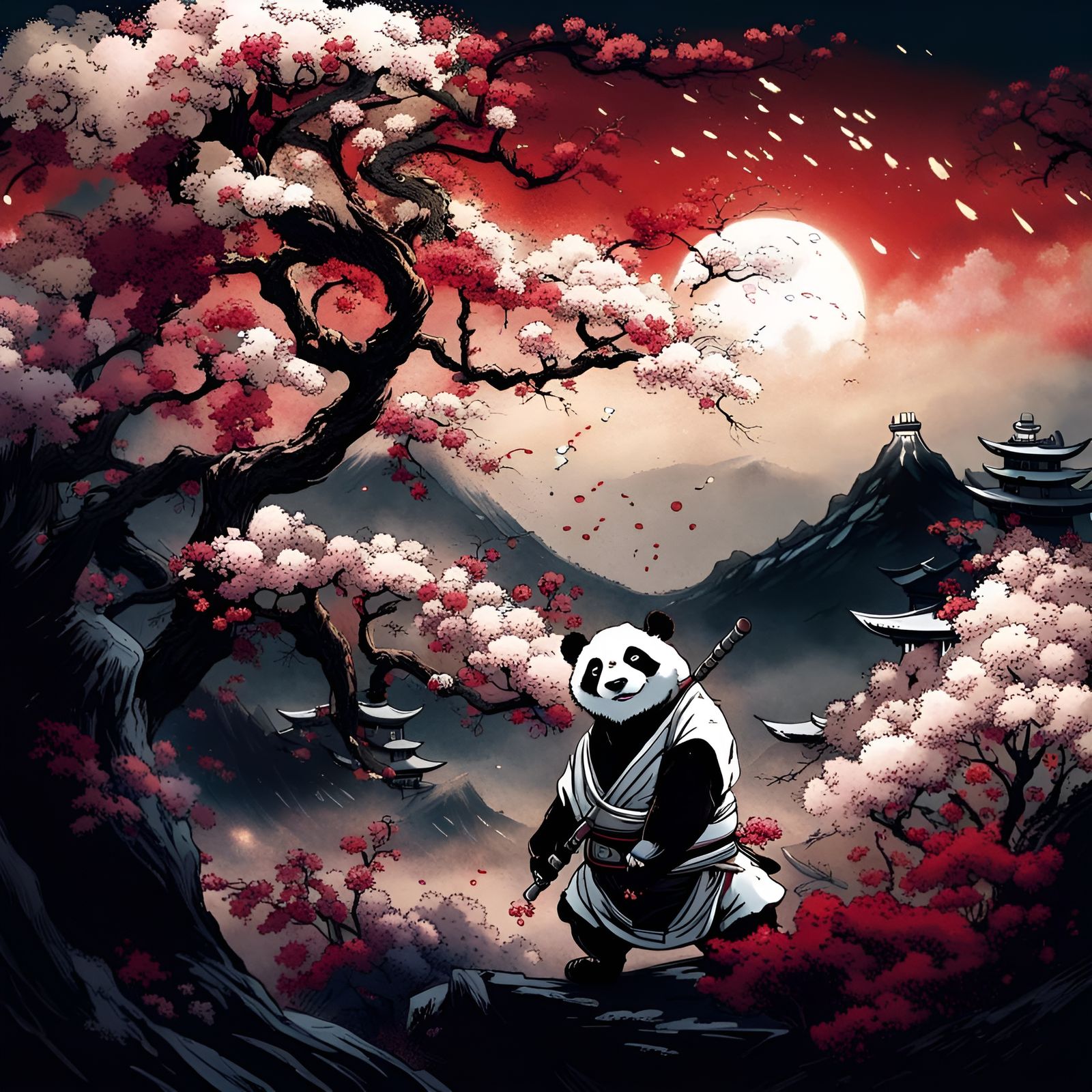 Panda Samurai in Hokusai-Inspired Landscape