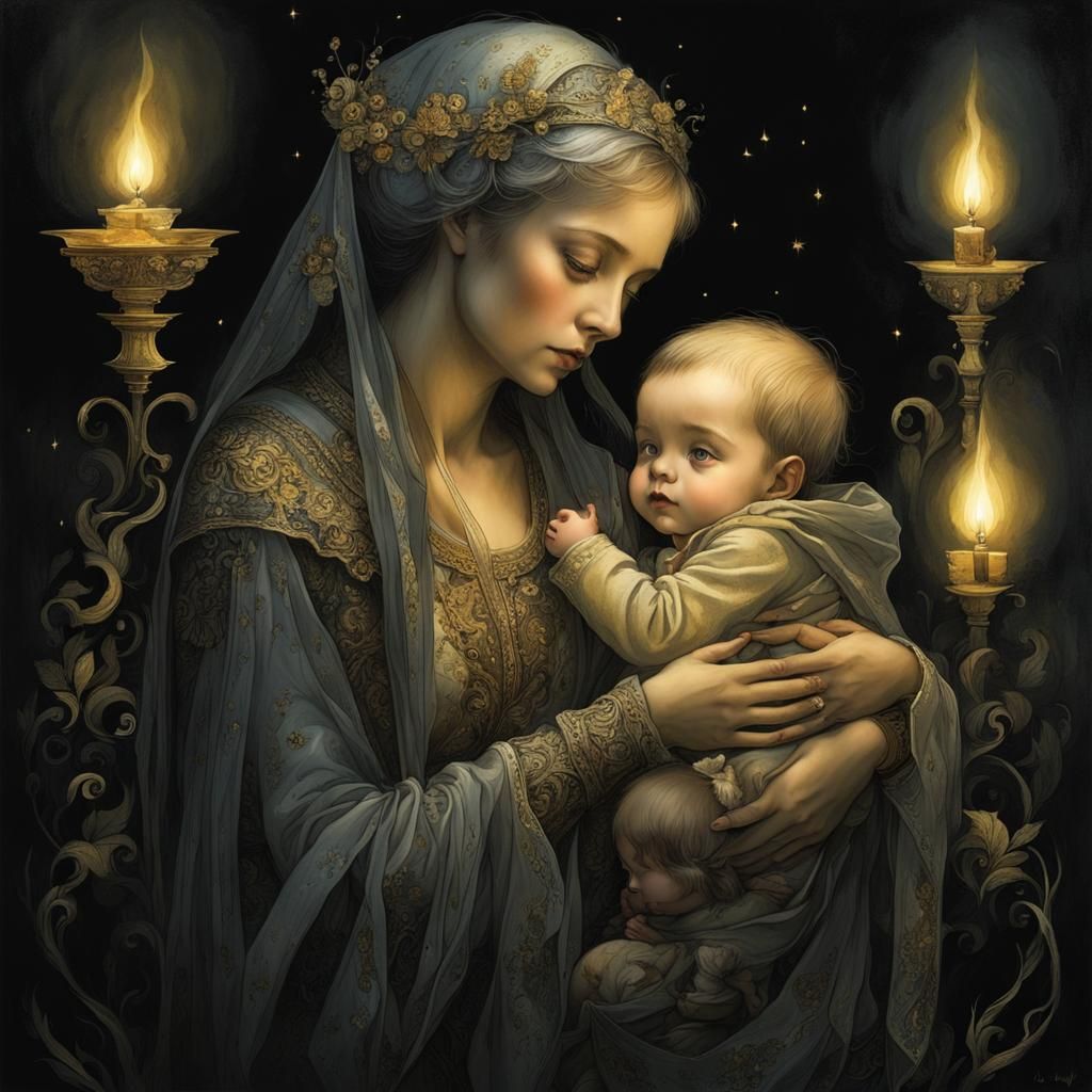 Mother and Child Gazing at Candlelight