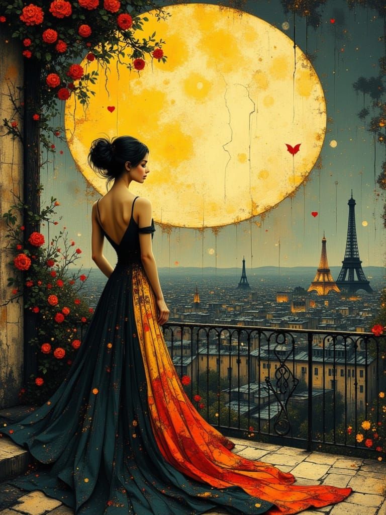 Ethereal Parisian Terrace: Woman Gazing at Full Moon