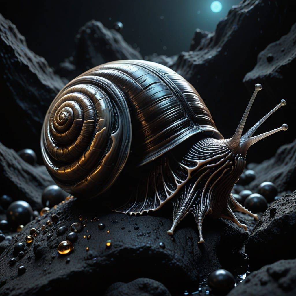 A Close-up of a Gastropod (Snail) Crawling over Black Lava R...