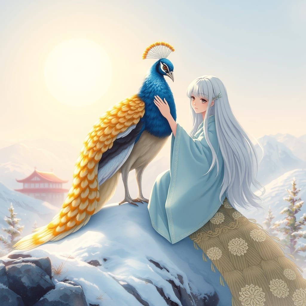 Majestic Anime Peacock Amidst Winter Serenity