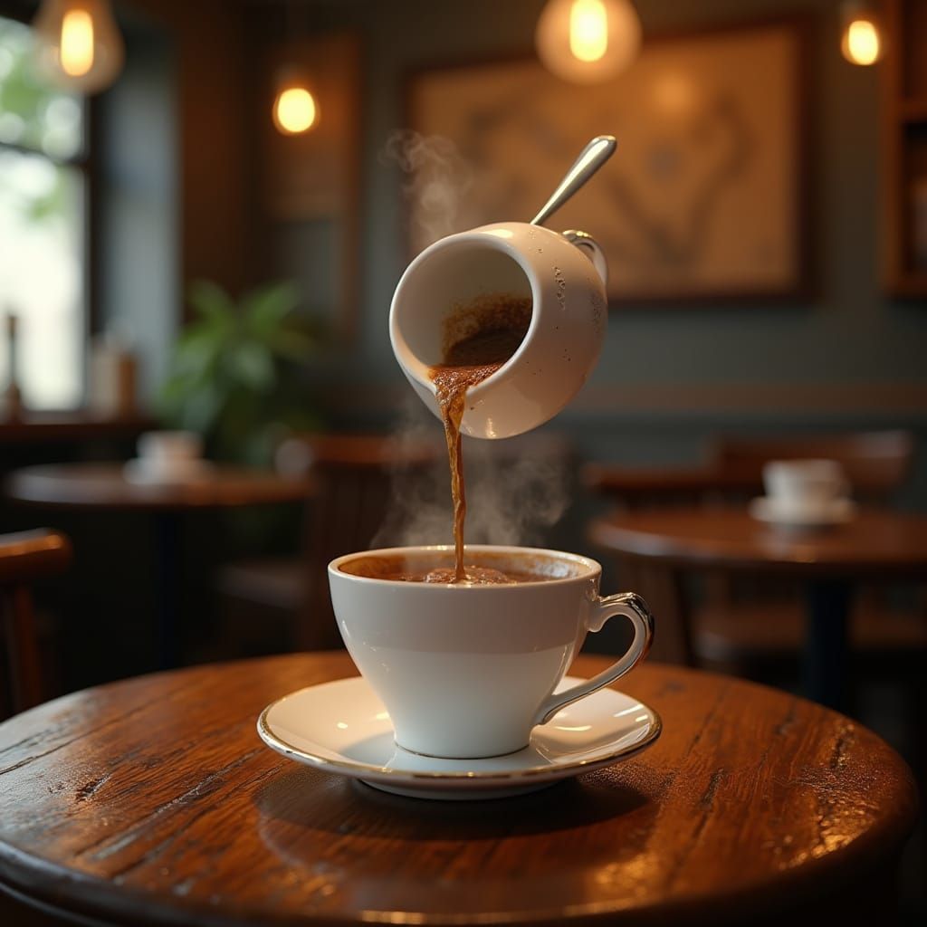 Floating Coffee Cups in Cozy Cafe, Ultra Realistic 8K