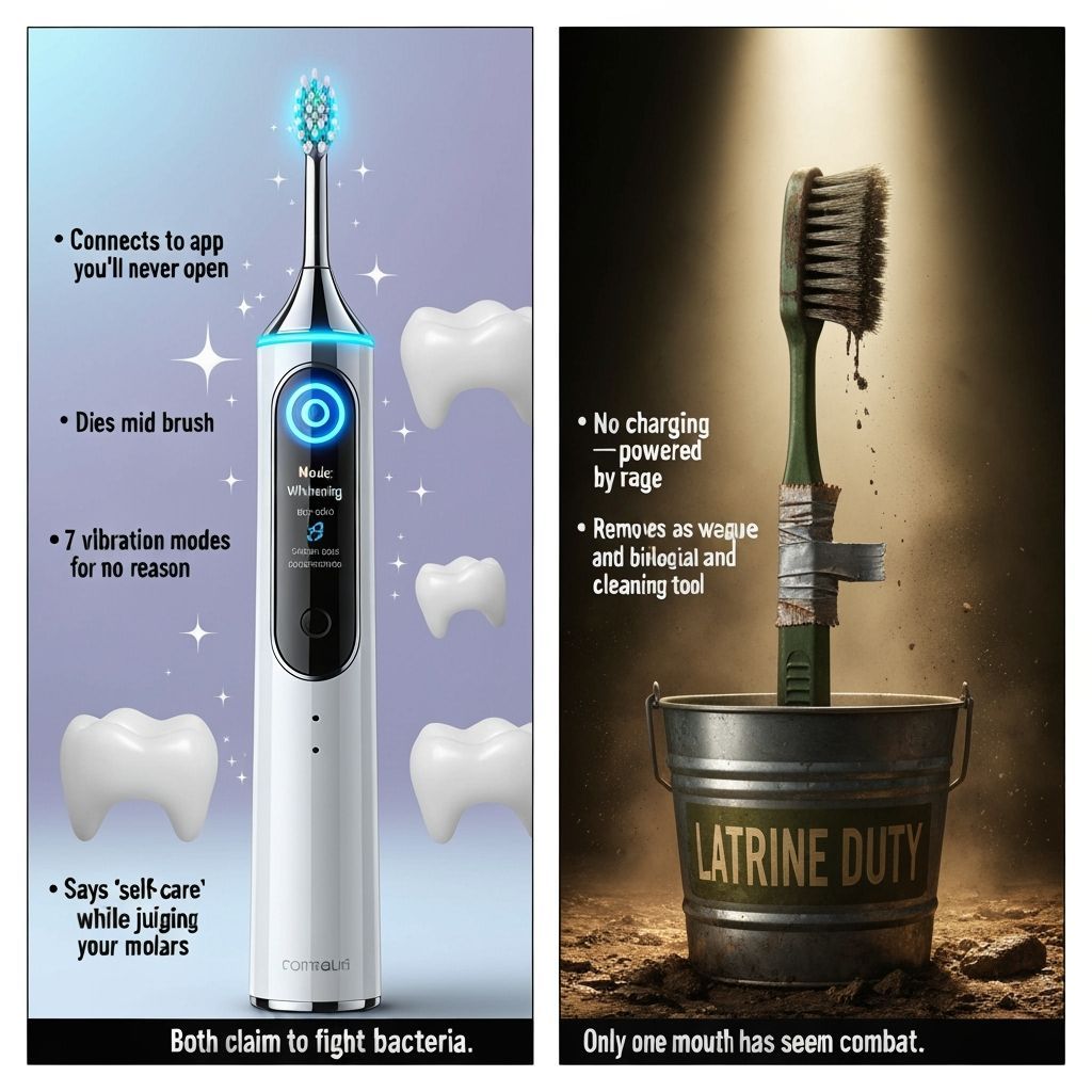 Electric vs Army Toothbrush: A Hilarious Comparison Poster
