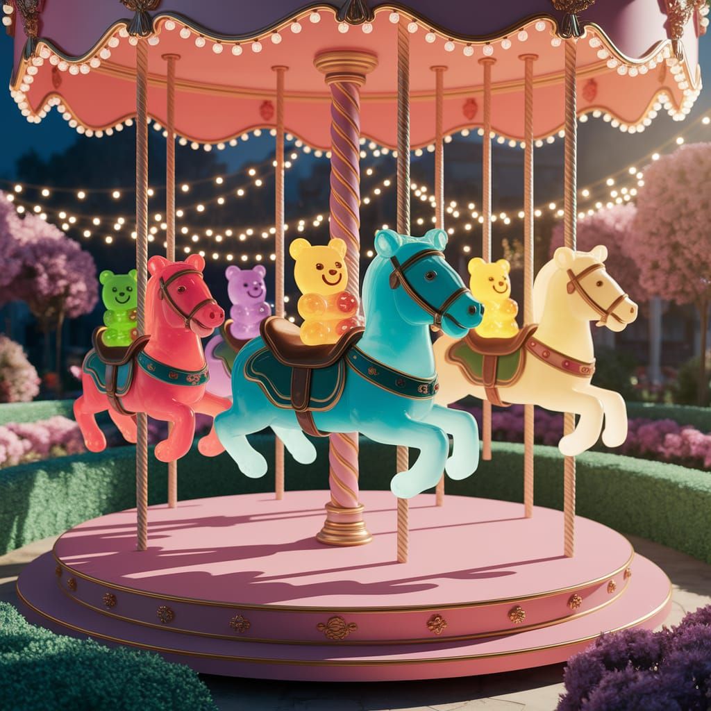 Gummy Bears Ride Carousel Horses in Pastel Park