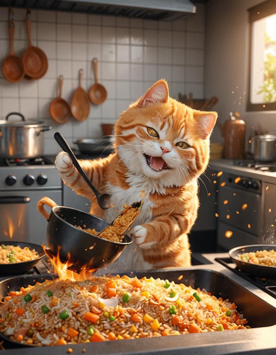 Orange Cat Making Fried Rice in Anime Style