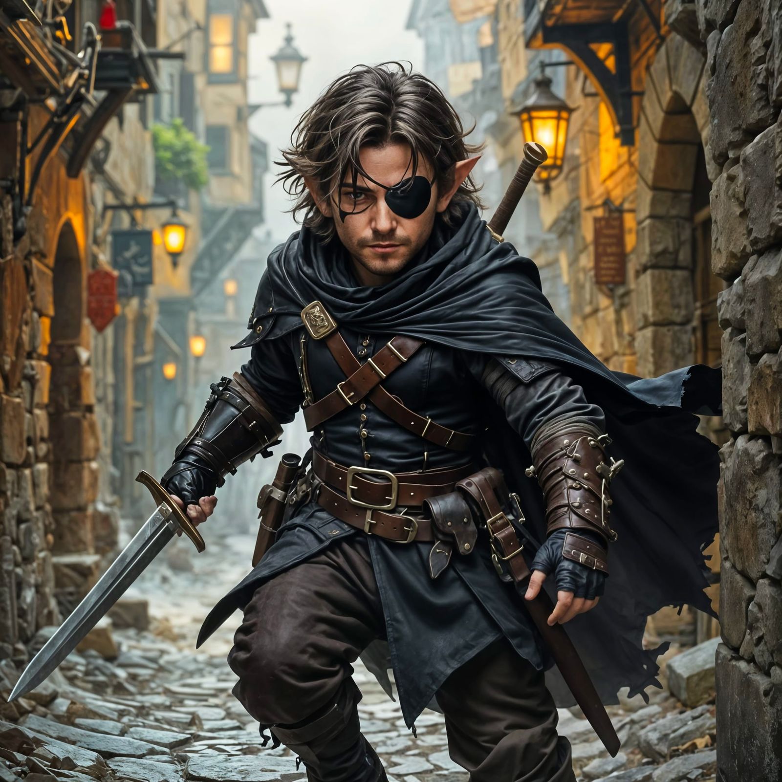 Halfling Rogue Skulking in Medieval City Alleyway