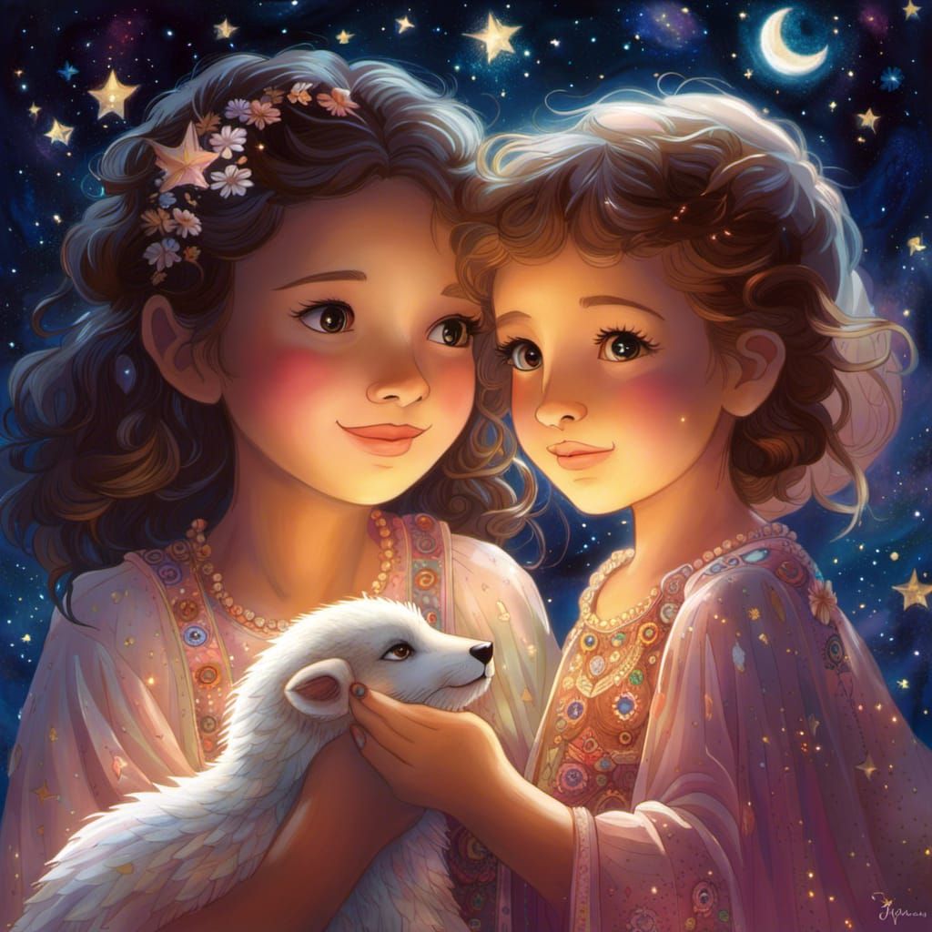 Grandma and Grandchild Under Cosmic Sky, Neo-Impressionism