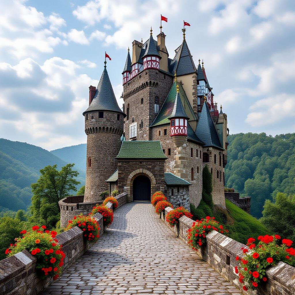 Floating Castle Amidst Colorful Blooms and Red Circles