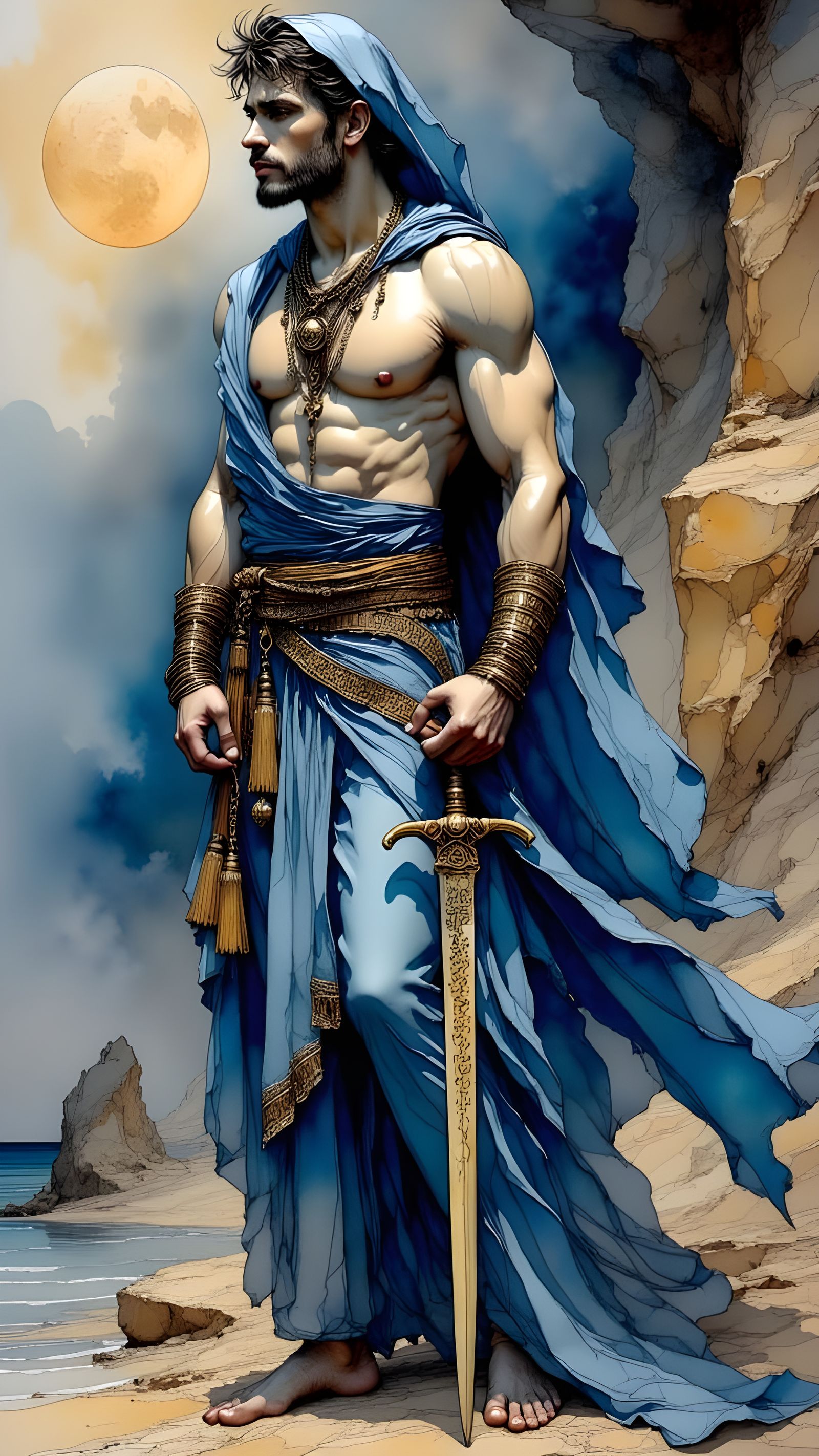 Ethereal Arabian Warrior in Luxurious Silk Garments