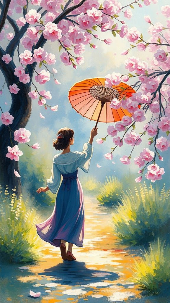 Impressionist Blooming Spring with Woman and Cherry Blossoms