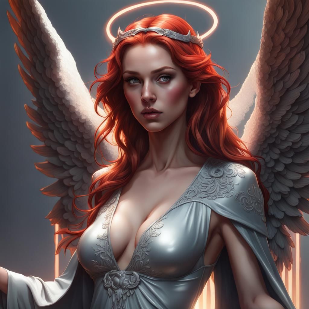 Hyperrealistic Red-Haired Angel in Latex Robe