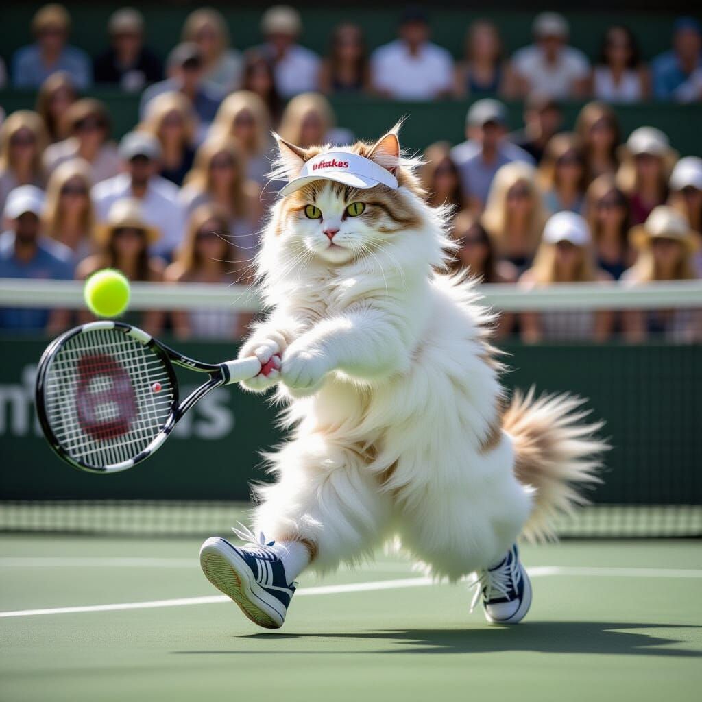 Fluffy Cat Tennis Star Captured in Action