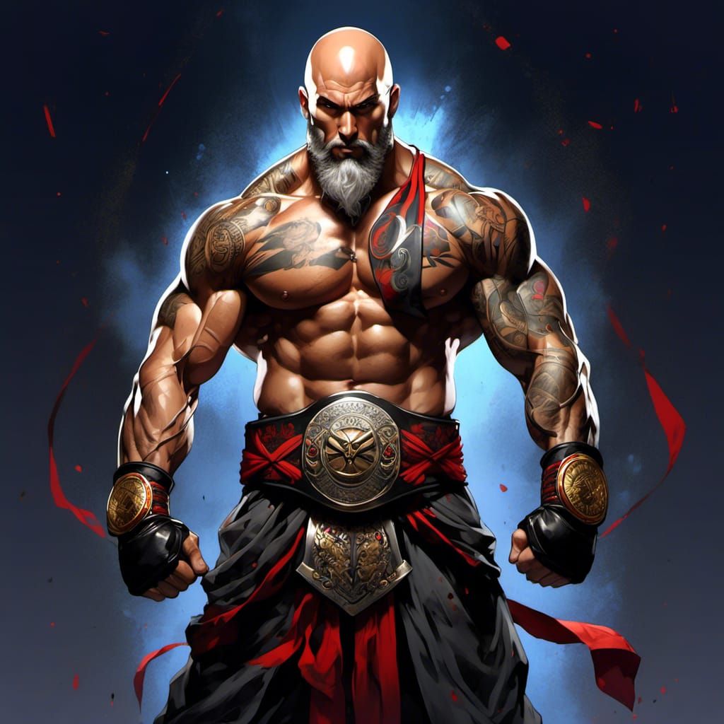 Anime Fighter Champion with Tattoos and Gray Beard