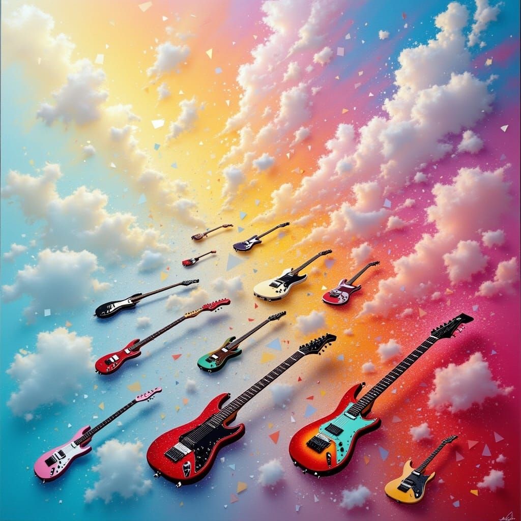 Ethereal Cloudscape with Guitars in Surreal Harmony