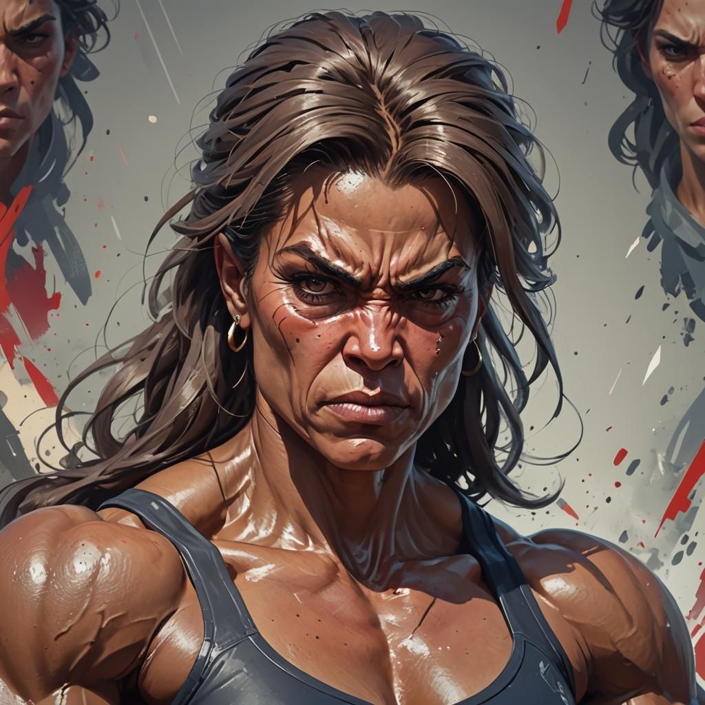 Hyperdetailed Portrait of an Angry Female Bodybuilder