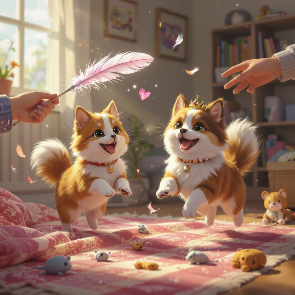 Biscuit and Princess Chase Feather Wand in 3D Anime Style