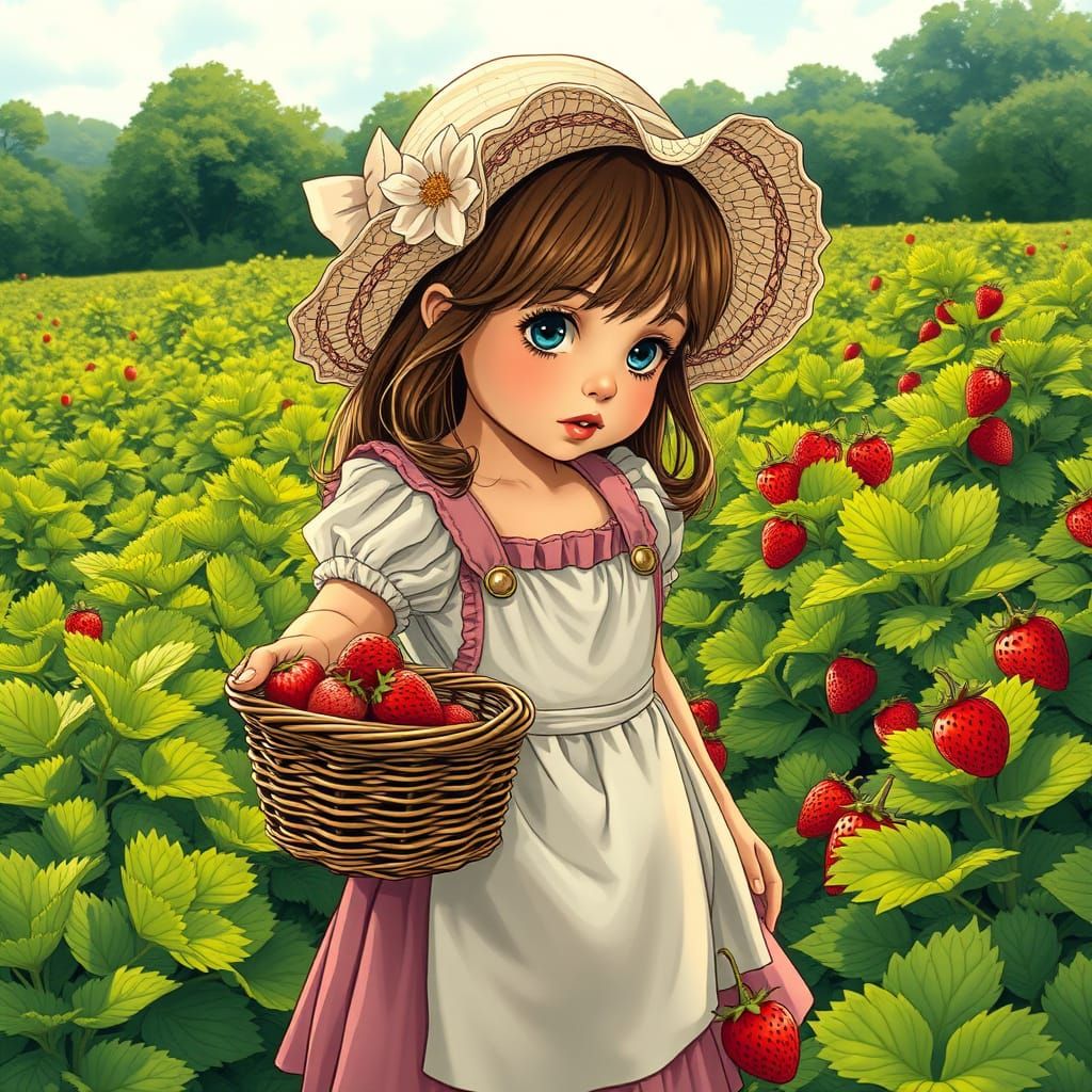 Strawberry Picking Girl in Hyperrealistic Comic Style