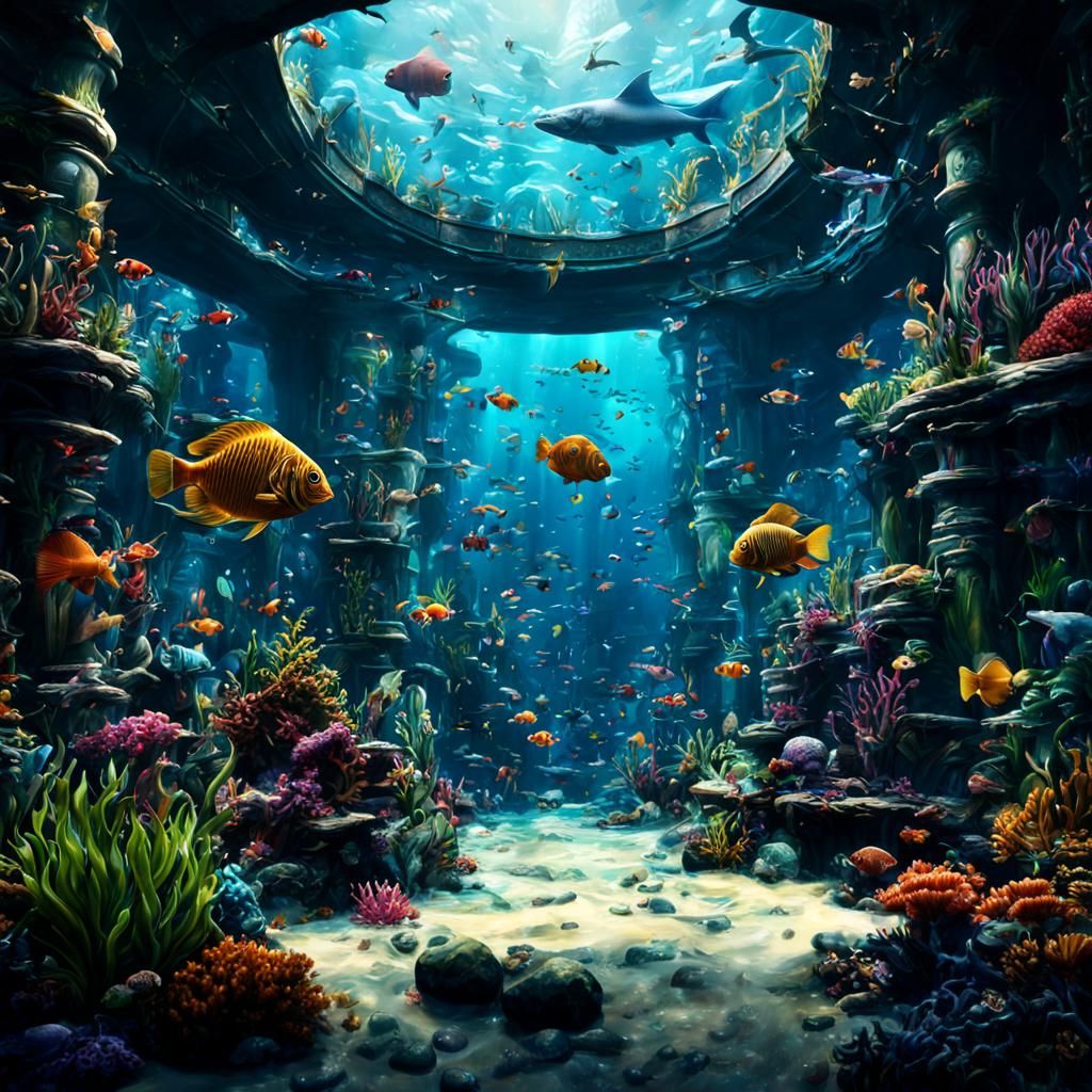 Lush Aquarium with Diverse Aquatic Life in Detailed Painting