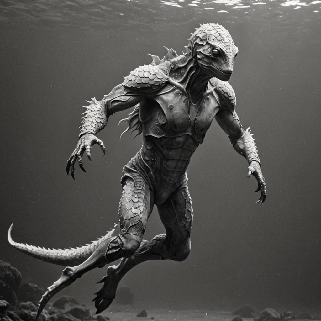 Scaly Humanoid Swims Underwater: Black and White