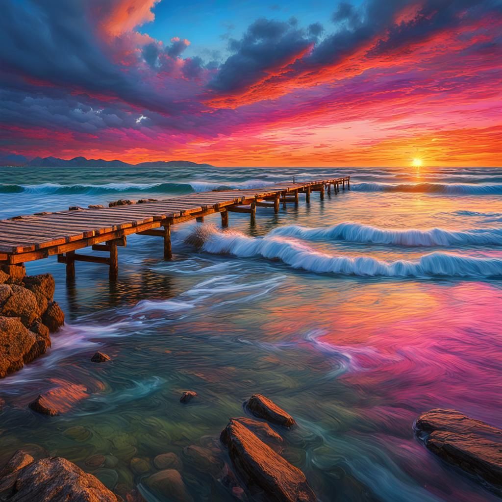 Coastal Sunset Impressionism: Pier at Golden Hour