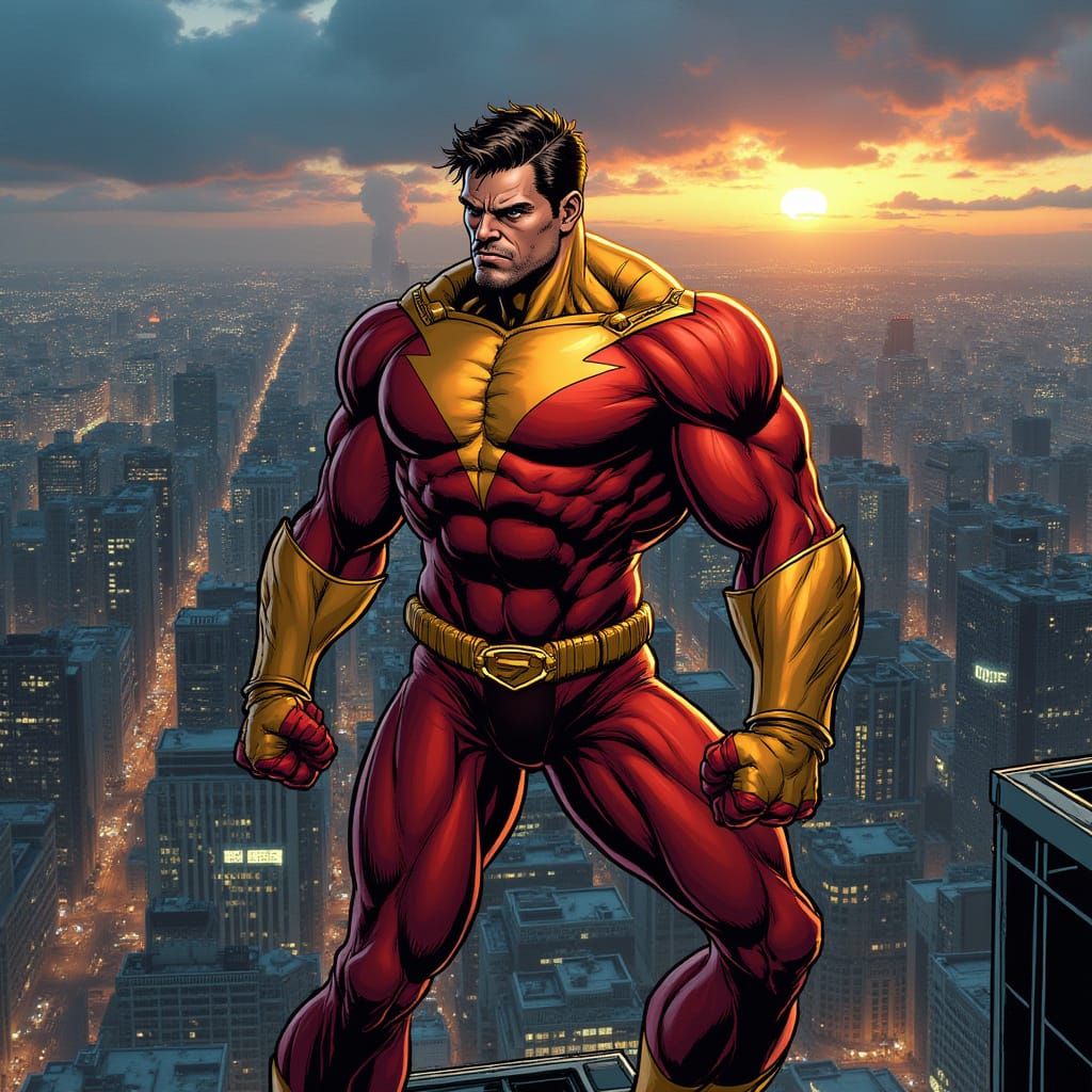Crimson Gold Superhero on Skyscraper Rooftop