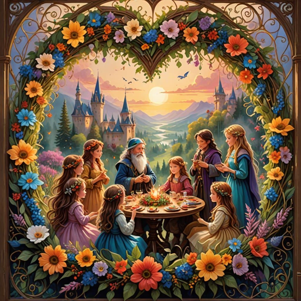 Fantasy Gathering in a Warm, Whimsical Interior