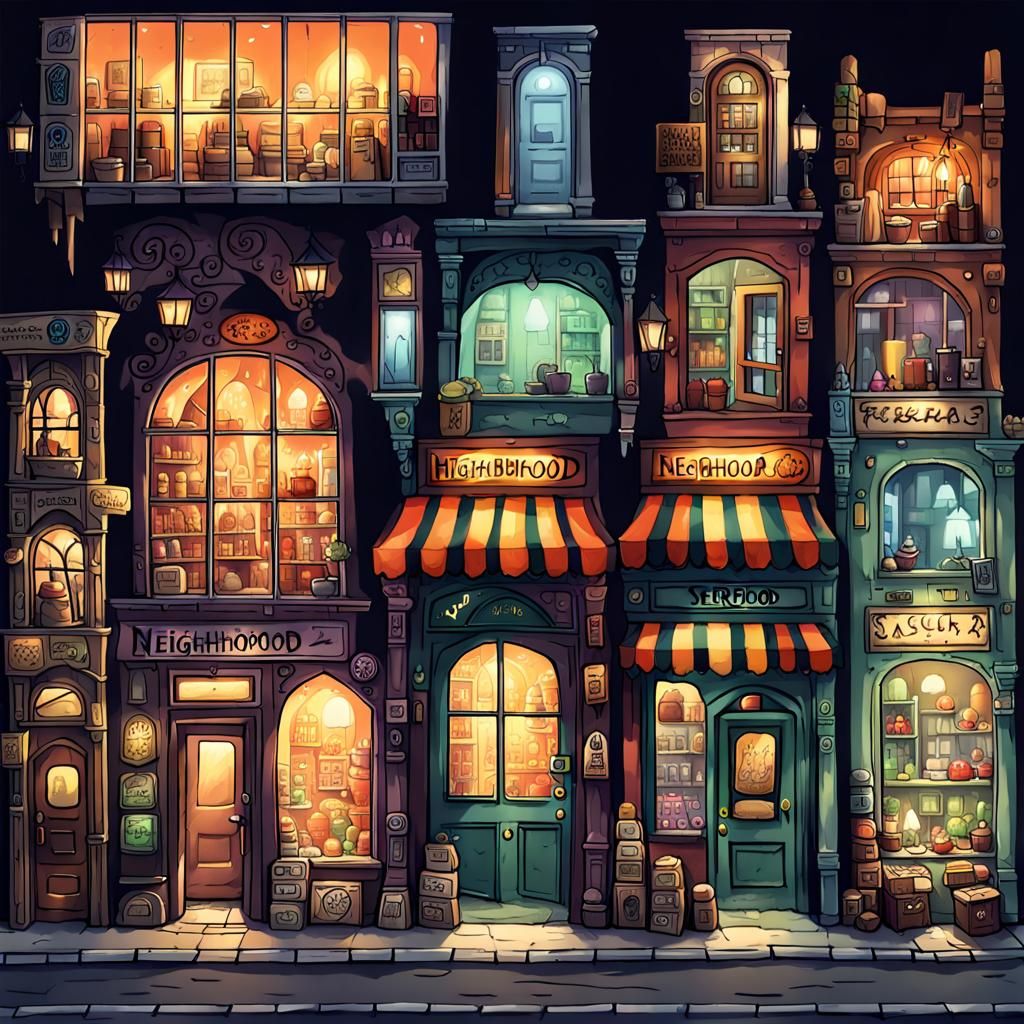 Fantasy Neighborhood Storefronts in Arcane Punk Style