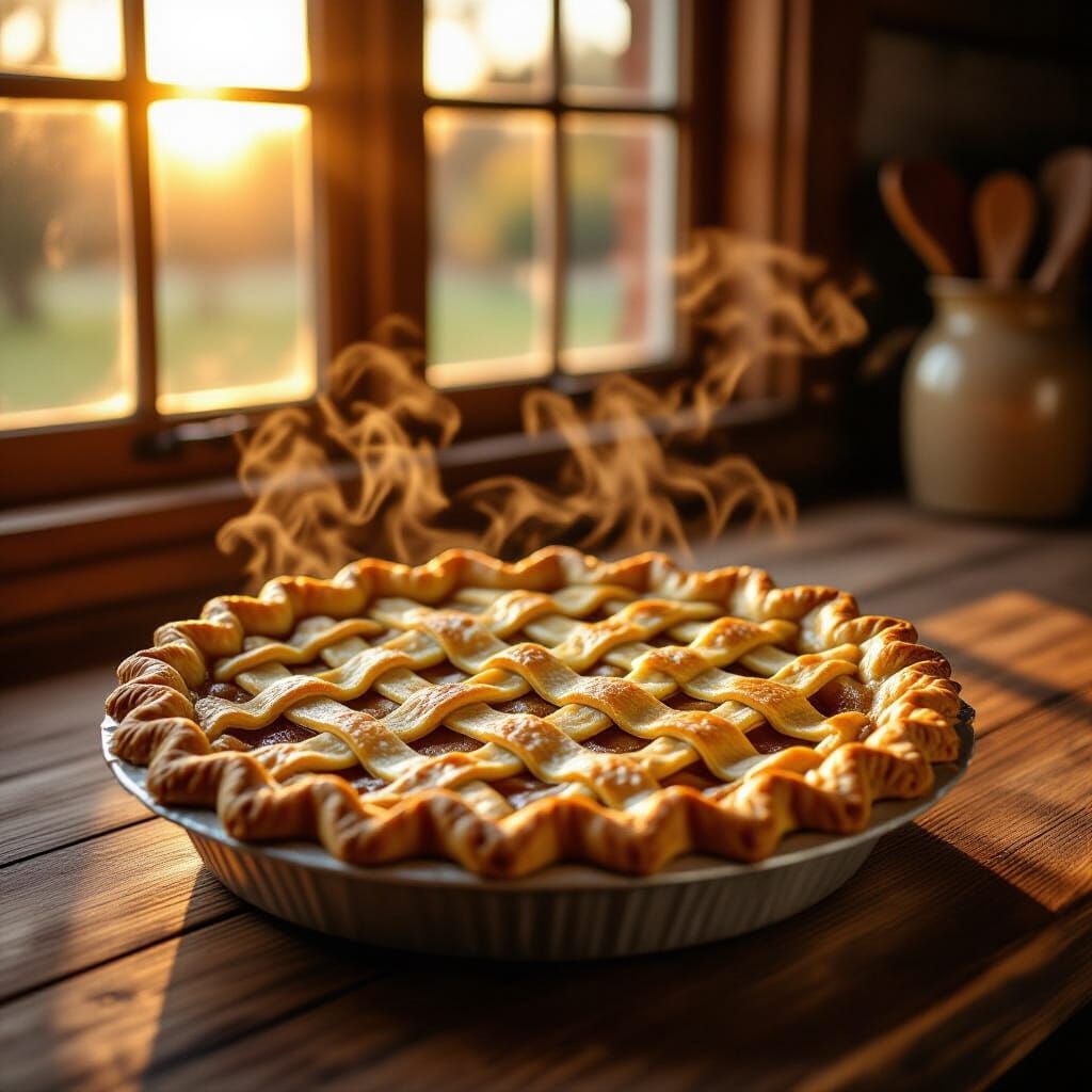 Warm Apple Pie on Rustic Table in Golden Hour Light