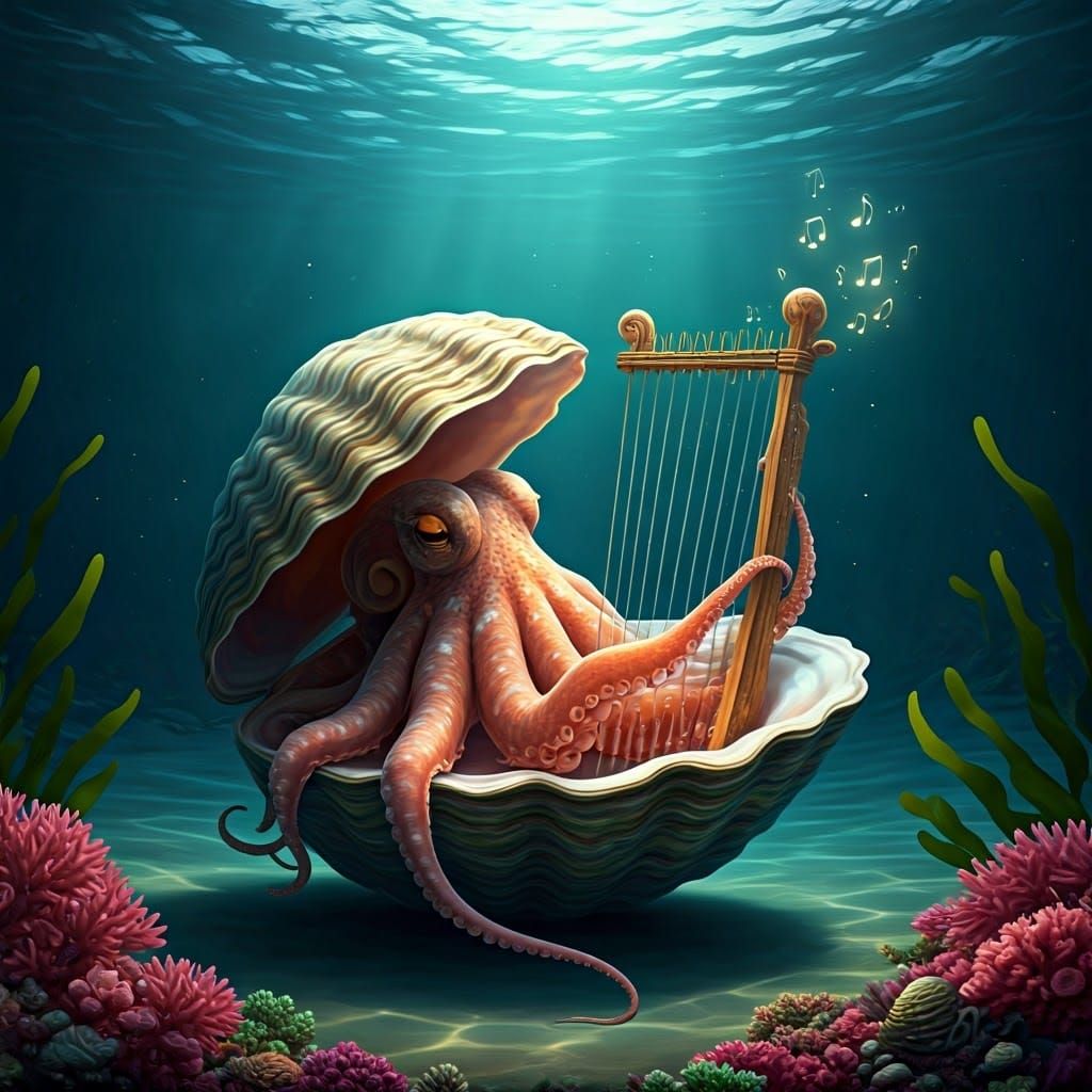 Octopus Plays Clam Harp Underwater: Digital Illustration