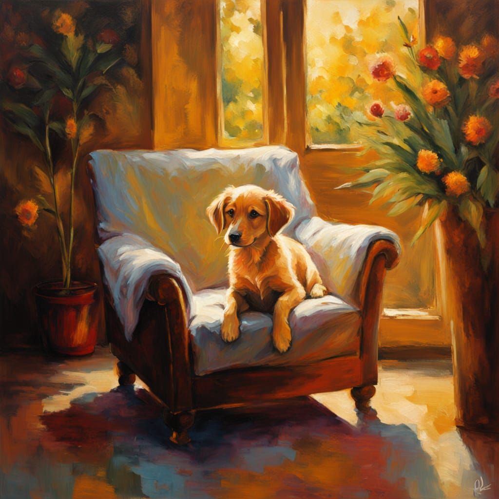 Cozy Cabin Puppy in Warm Sunlight Oil Painting