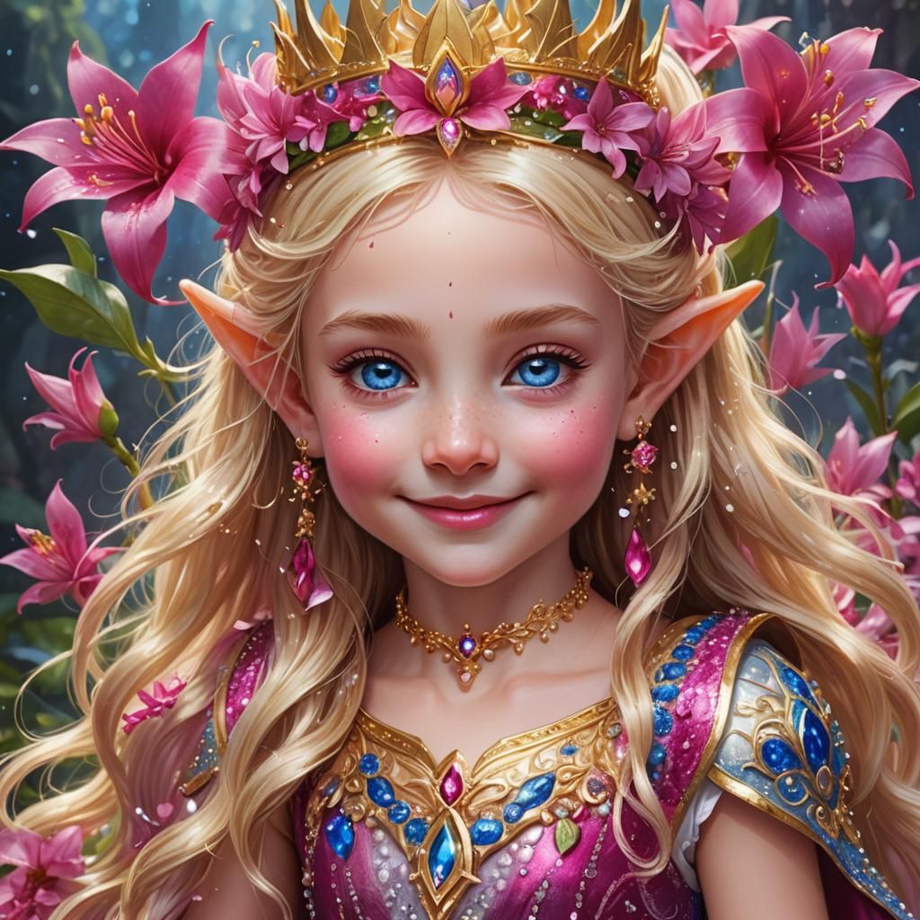 Radiant Elven Child with Lilies, Detailed Matte Painting